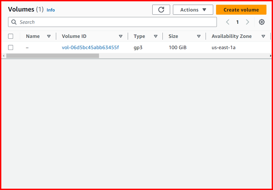 Picture showing a new volume created in us-east-2a region